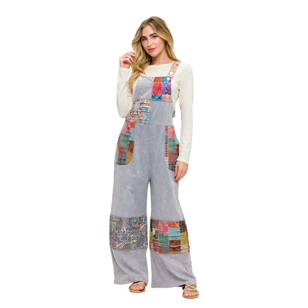 26358 GRAY Yak & Yeti Boho Print Patchwork Overall Razor Cut Various Sizes